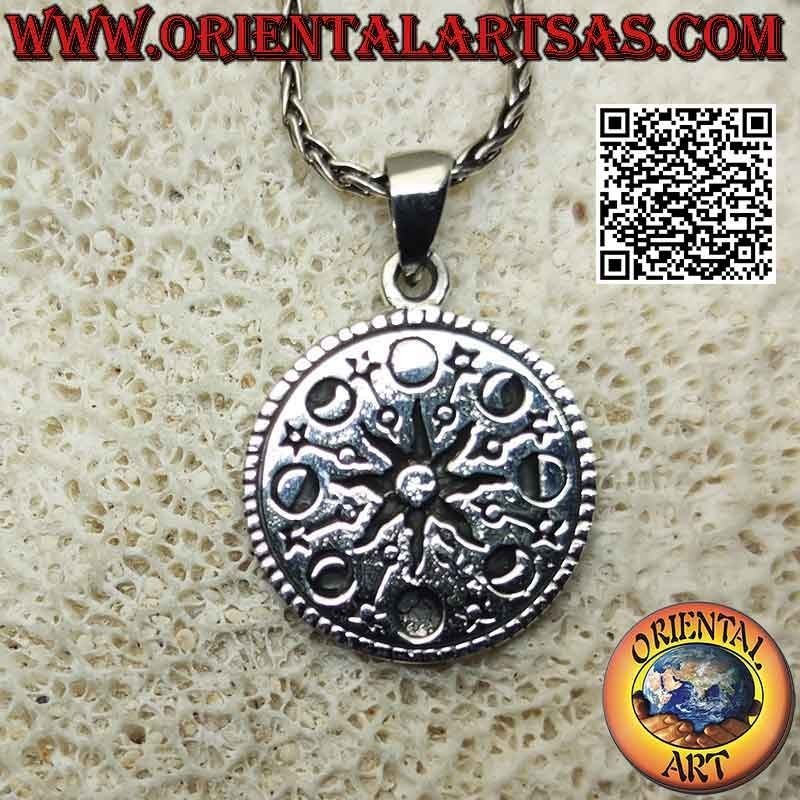 Silver pendant, medal with central sun and engraved moon phases