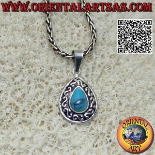 Silver pendant with cabochon drop turquoise and "S" or Greek bas-relief decoration