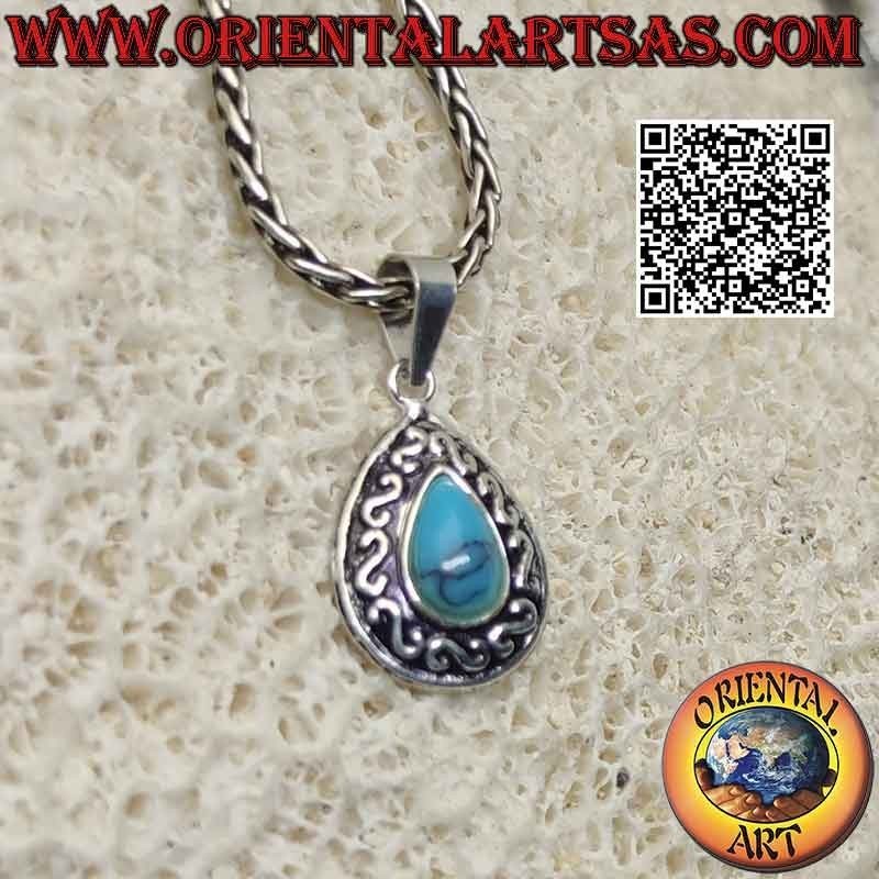 Pendentif en argent avec cabochon goutte turquoise et décoration "S" ou bas-relief grec