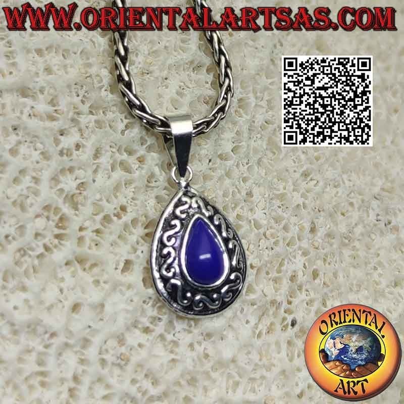 Silver pendant with cabochon drop sodalite and "S" or Greek bas-relief decoration