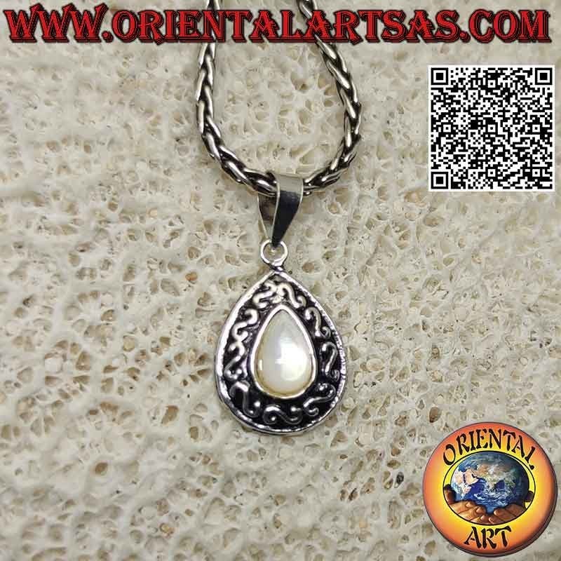 Silberanhänger mit Cabochon-Tropfen aus Perlmutt und "S" oder griechischem Flachrelief
