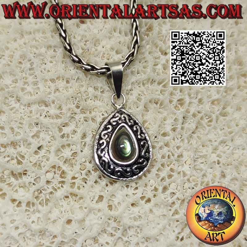 Pendentif en argent avec cabochon goutte d'ormeau et décoration "S" ou relief grec