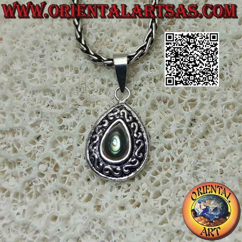 Silver pendant with cabochon drop abalone and "S" or Greek relief decoration