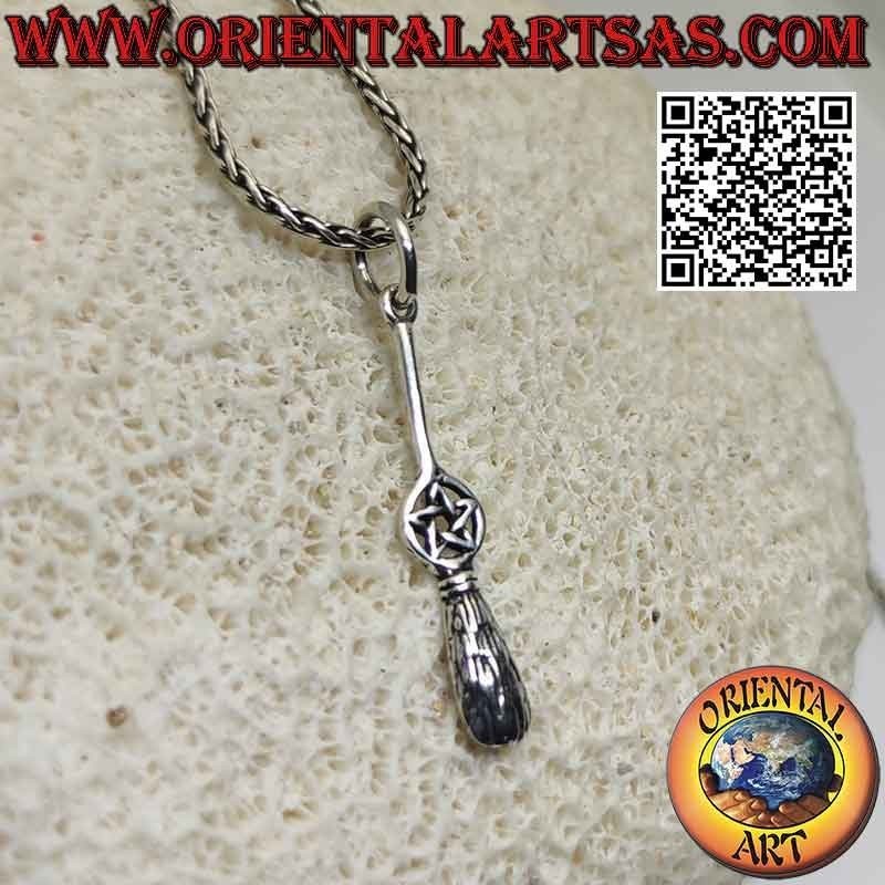 Silver pendant, the witch's flying broom with pentacle