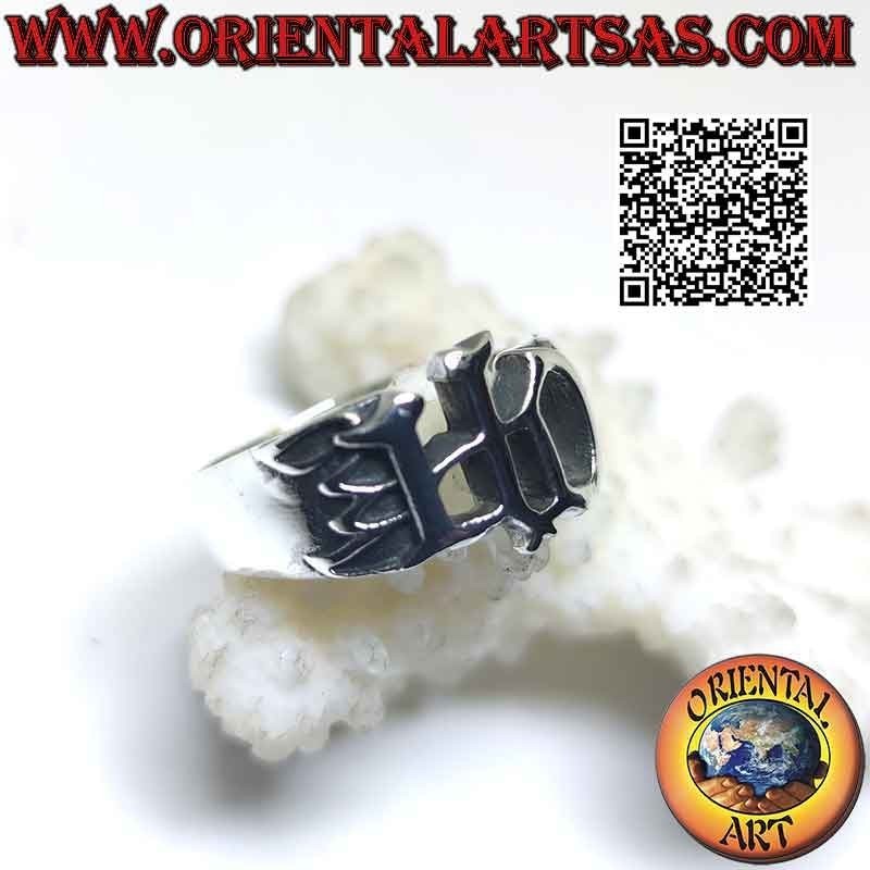 Silver ring with perforated "HD" (Harley Davidson) writing and flames on the sides