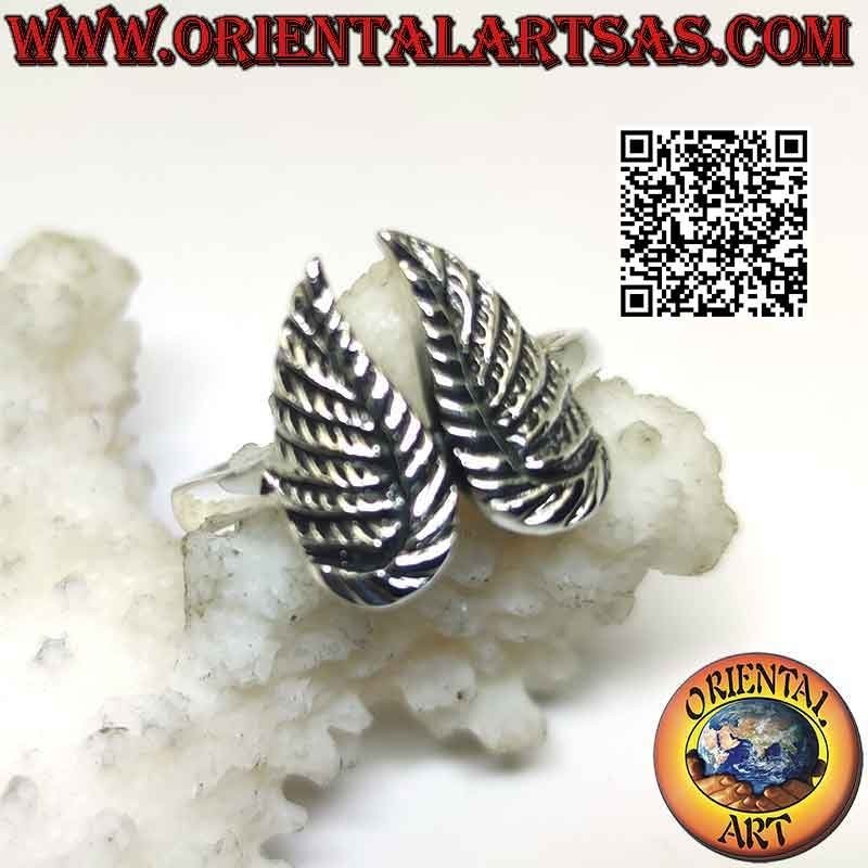 Silver ring with double angel wings with embossed feathers (soldered)