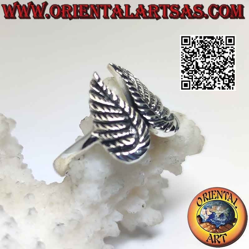 Bague en argent avec double ailes d'ange avec plumes en relief (soudées)