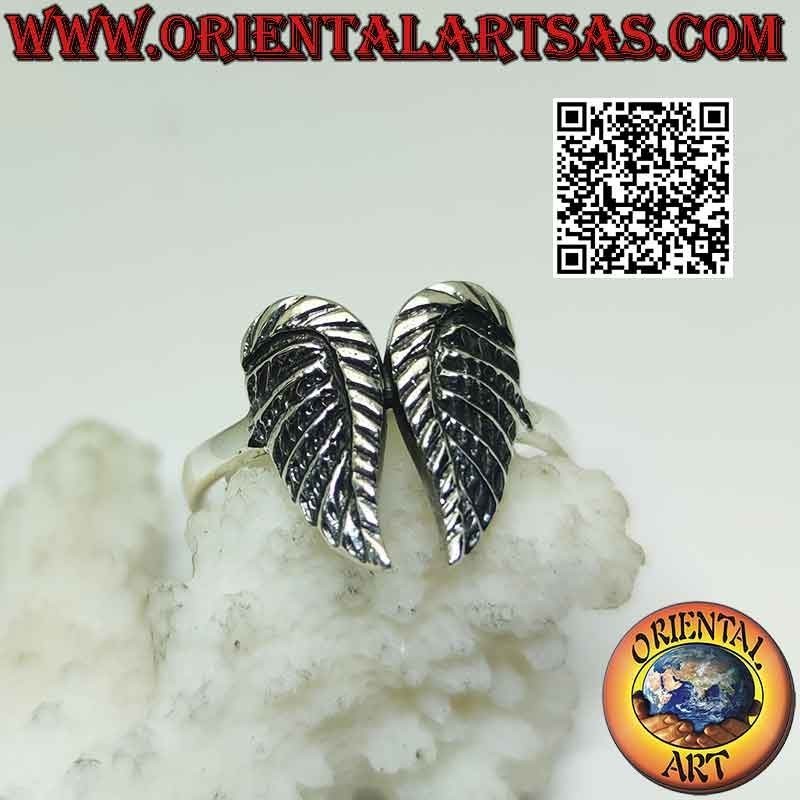 Silver ring with double angel wings with embossed feathers (soldered)