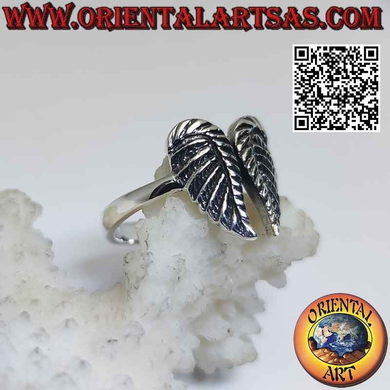 Bague en argent avec double ailes d'ange avec plumes en relief (soudées)