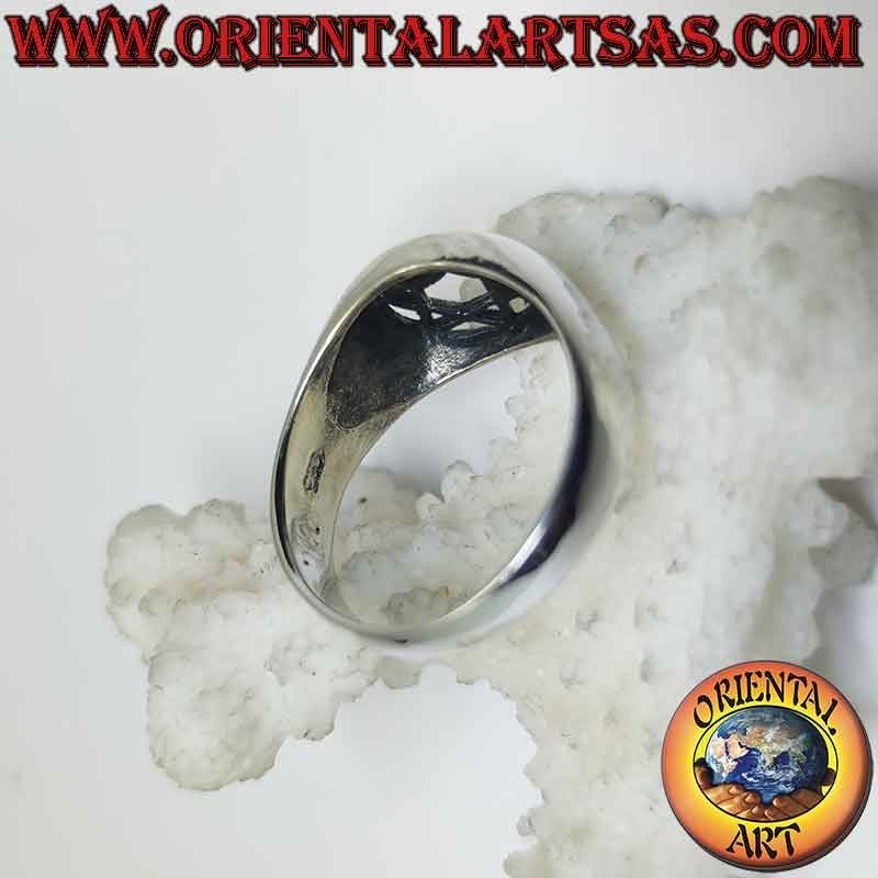 Silver ring with star of David (6-pointed star) in the perforated circle on a smooth setting