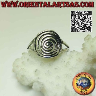 Silver ring with dense perforated spiral hooked to two