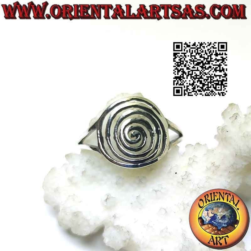 Silver ring with dense perforated spiral hooked to two