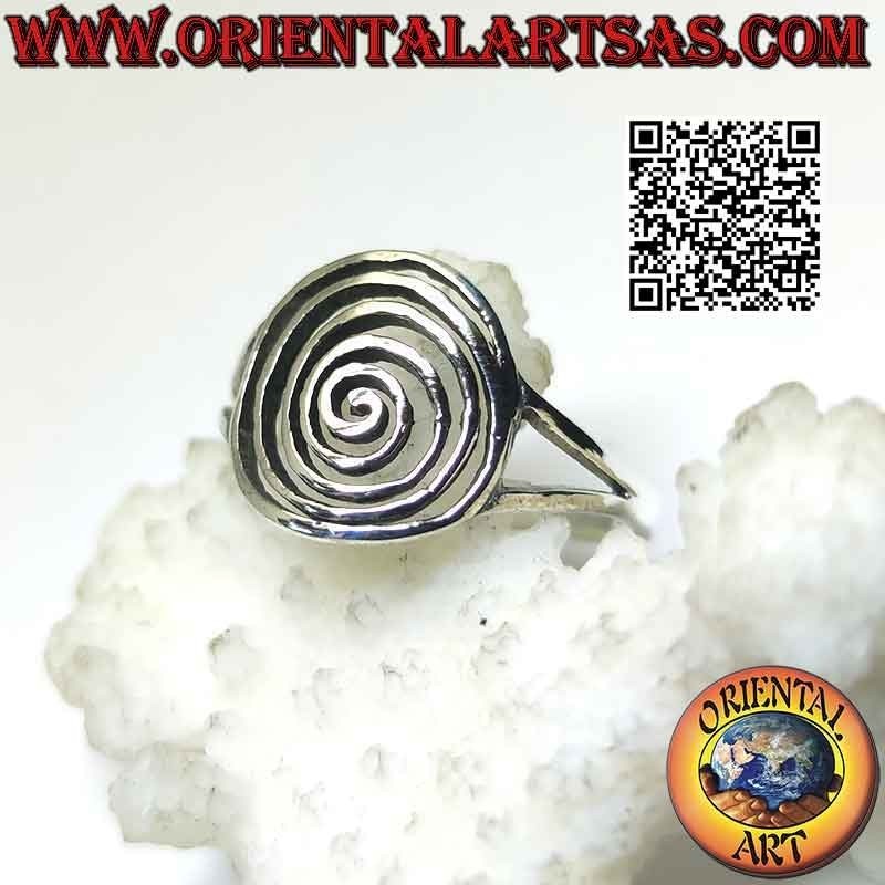 Silver ring with dense perforated spiral hooked to two