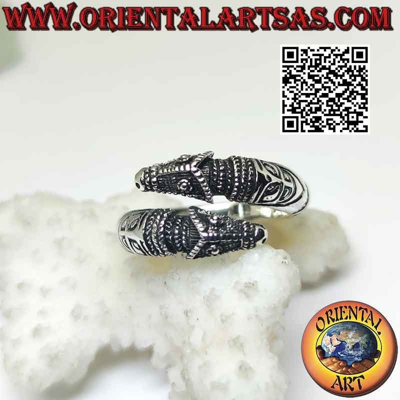 Anillo de plata par de cabezas de cerberus o hellhounds (ajustable)