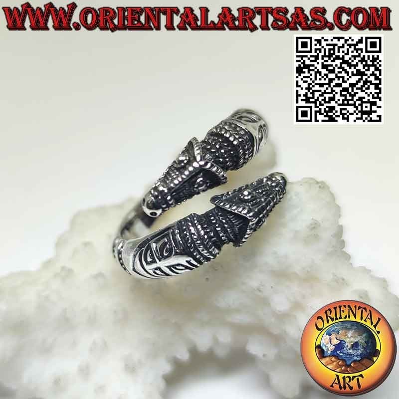 Silver ring pair of cerberus heads or hellhounds (adjustable)