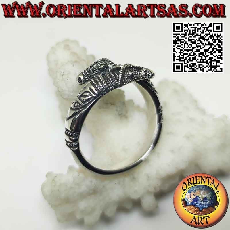 Anello in argento coppia di teste di cerbero o segugi infernali (regolabile)