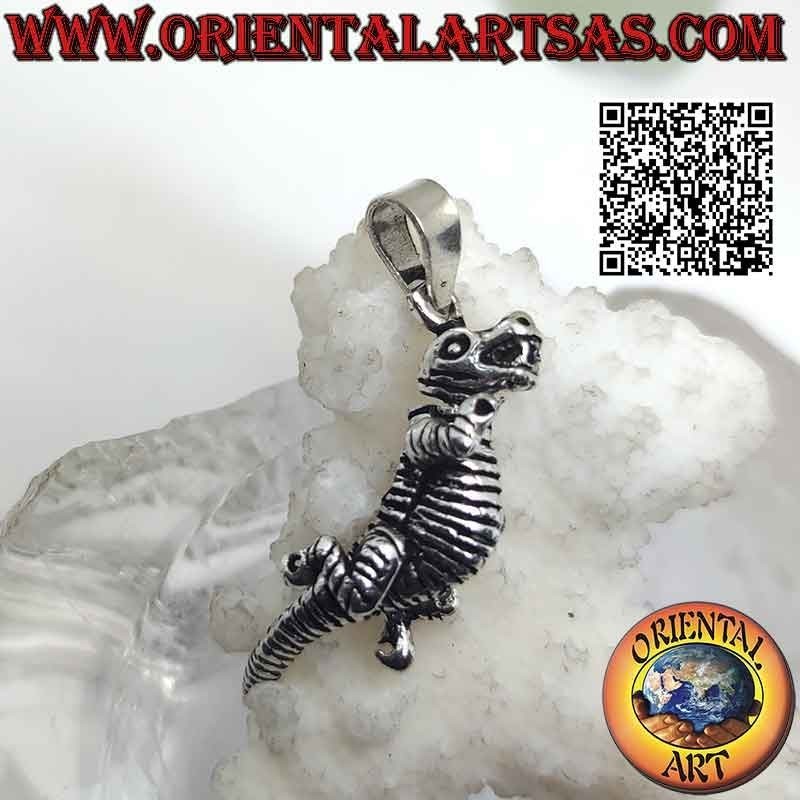 Silver pendant in the shape of a three-dimensional mobile (moving) T-Rex (Tyrannosaurus rex) dinosaur