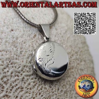 Pendentif photo plat rond lisse en argent avec gravure florale sur la moitié (Ø 20 mm)
