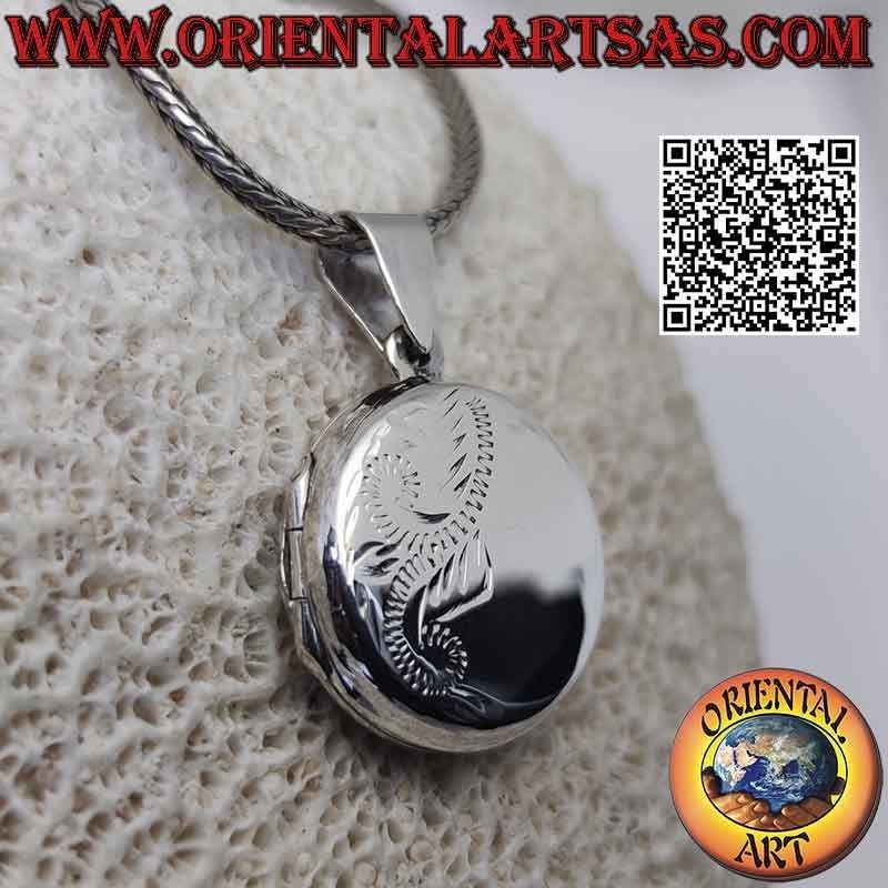 Flat smooth round silver photo pendant with floral engraving on half (Ø 20 mm)
