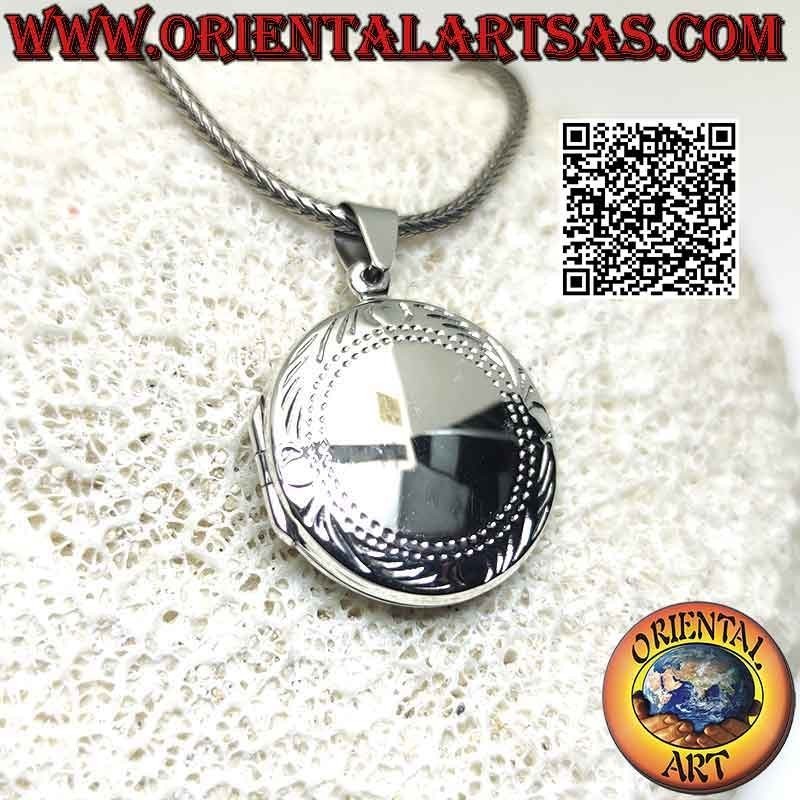 Cadre photo argent plat rond lisse avec cadre fleuri gravé (Ø 24 mm)