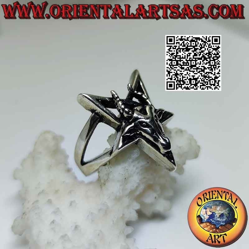 Anello in argento, pentacolo rovesciato con Baphomet (Bafometto) "il Caprone di Mendes" sovrapposto