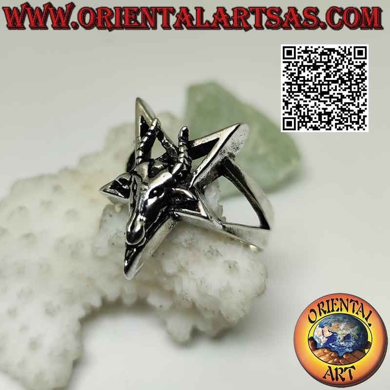 Silberring, umgekehrtes Pentagramm mit Baphomet (Baphomet) "der Ziege von Mendes" überlagert