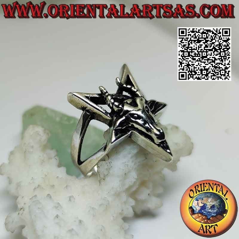 Bague en argent, pentacle inversé avec Baphomet (Baphomet) "le bouc de Mendès" superposé