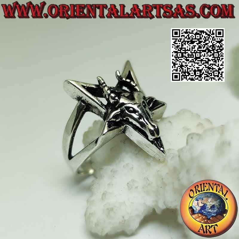 Anello in argento, pentacolo rovesciato con Baphomet (Bafometto) "il Caprone di Mendes" sovrapposto