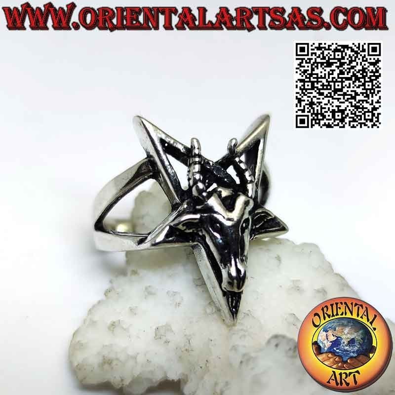 Bague en argent, pentacle inversé avec Baphomet (Baphomet) "le bouc de Mendès" superposé