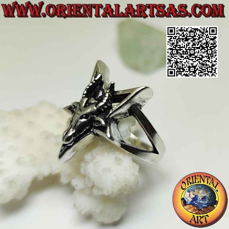 Anillo de plata, pentáculo invertido con Baphomet (Baphomet) "la Cabra de Mendes" superpuesta
