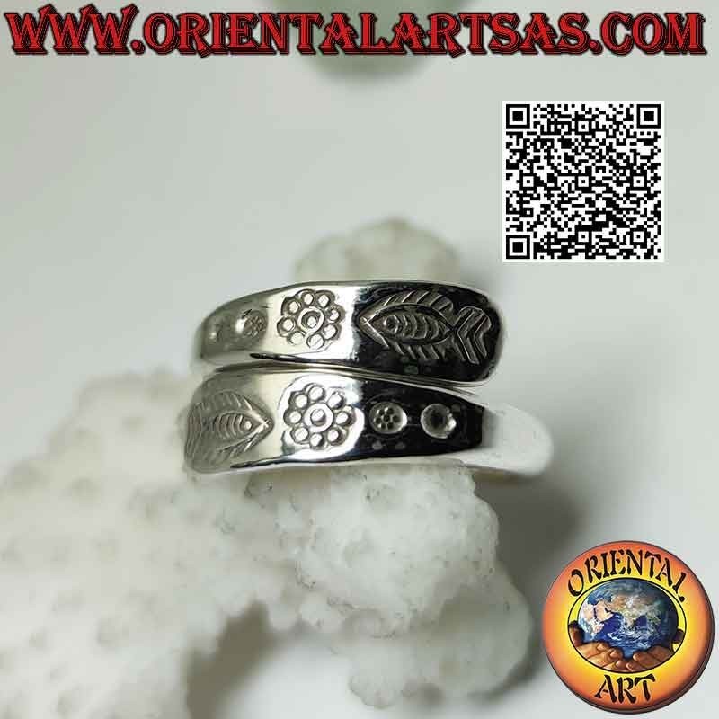 Anillo de plata de doble banda con grabados de espejo karen (ajustable)