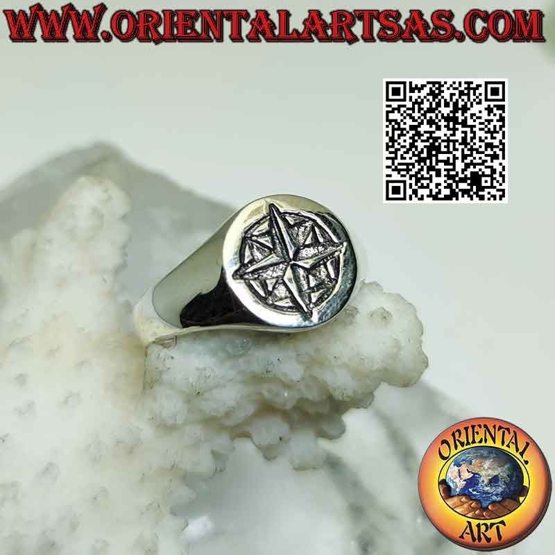 Smooth round silver ring with engraved "essential" wind rose