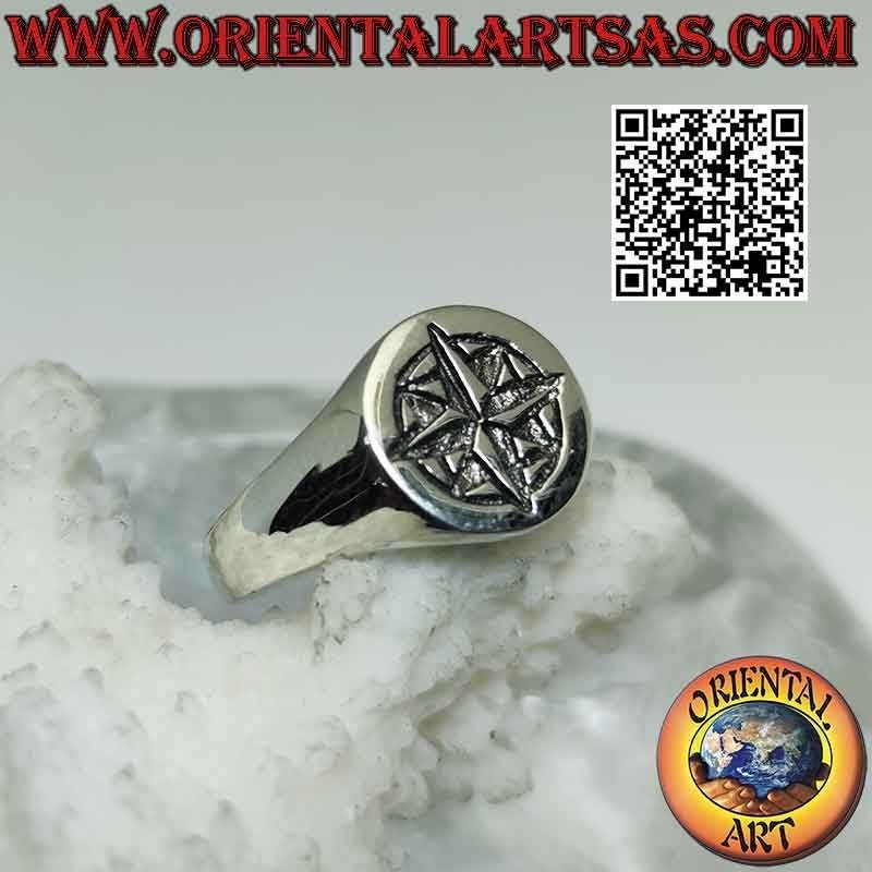 Bague en argent rond lisse avec rose des vents "essentiel" gravée