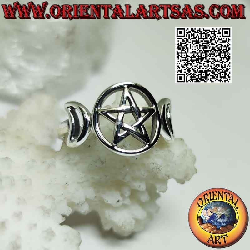 Glatter Silberring mit dreifachem Mondsymbol Göttin Wicca (durchbohrtes Pentagramm)