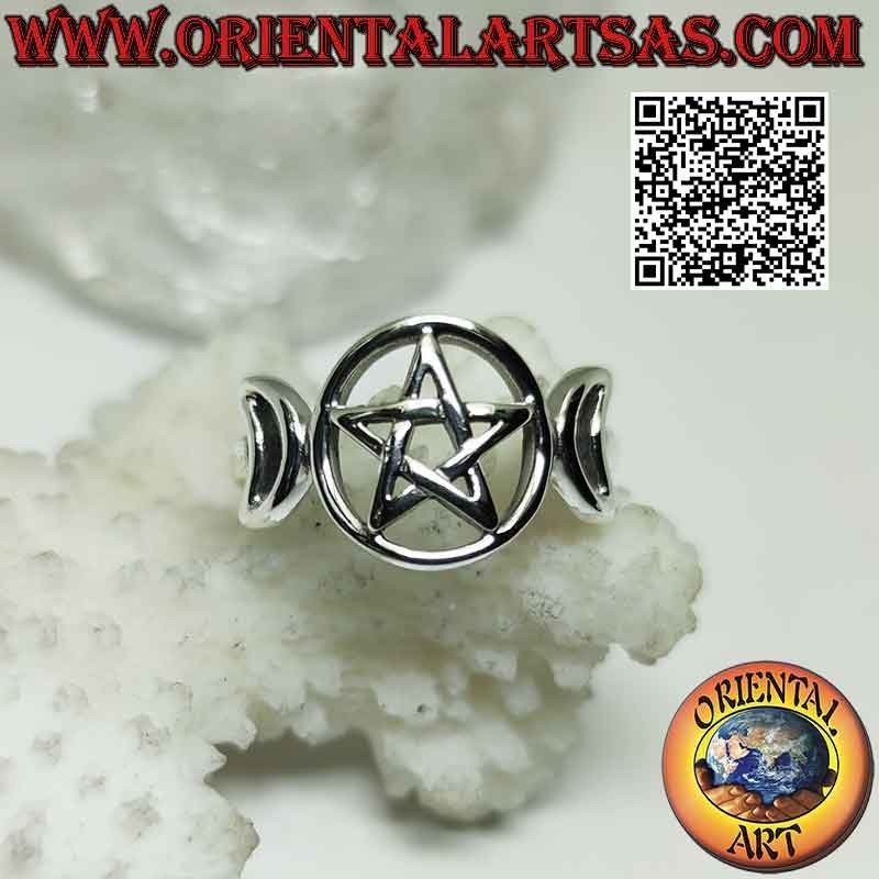 Smooth silver ring with triple moon symbol goddess wicca (pierced pentacle)
