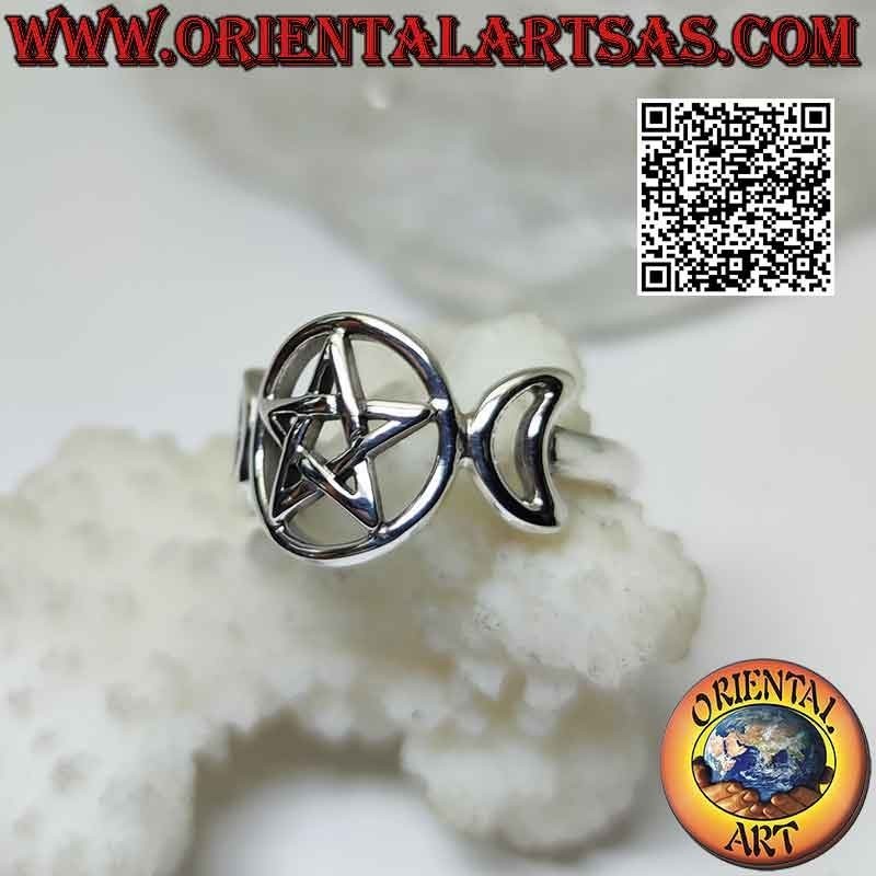 Anello in argento liscio con simbolo della luna triplice dea wicca (pentacolo traforato)