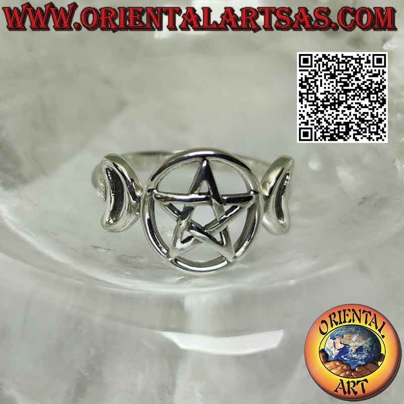 Anello in argento liscio con simbolo della luna triplice dea wicca (pentacolo traforato)