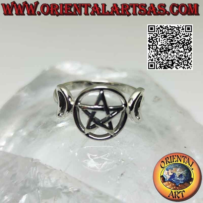 Glatter Silberring mit dreifachem Mondsymbol Göttin Wicca (durchbohrtes Pentagramm)