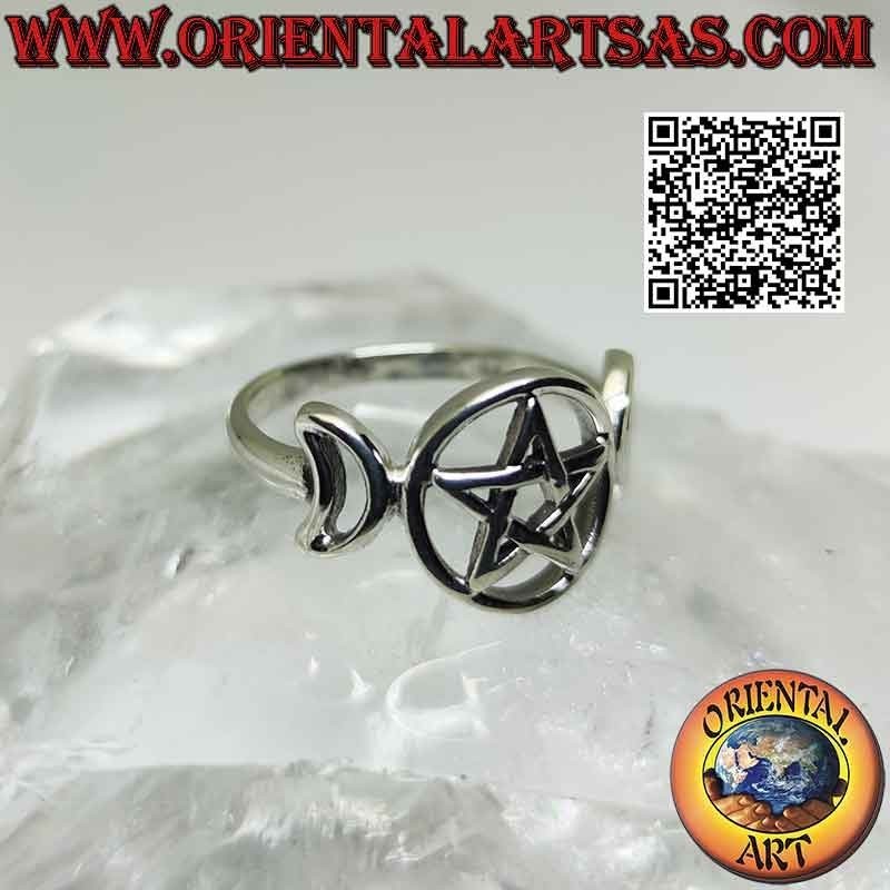 Smooth silver ring with triple moon symbol goddess wicca (pierced pentacle)