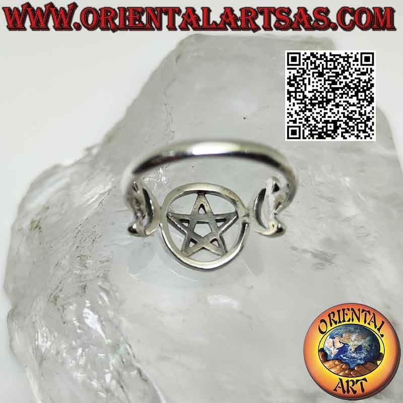 Anillo de plata lisa con símbolo de triple luna diosa wicca (pentáculo perforado)