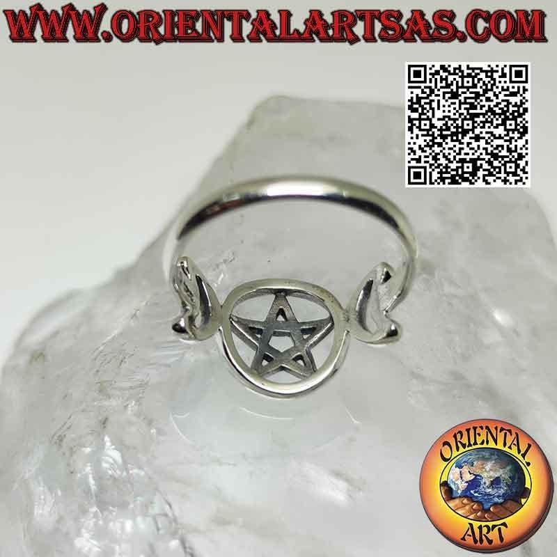 Smooth silver ring with triple moon symbol goddess wicca (pierced pentacle)
