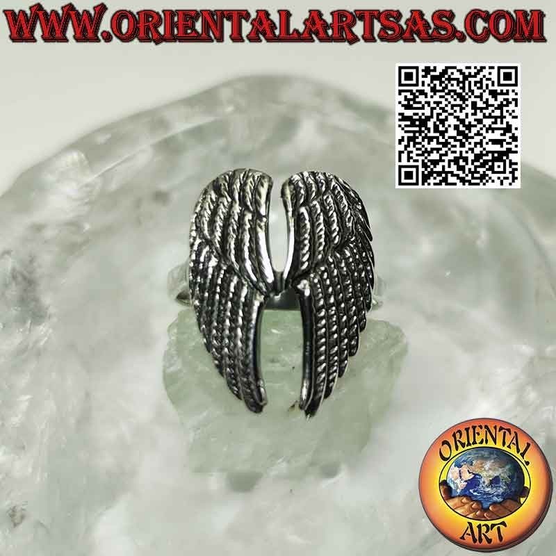 Bague en argent avec double ailes d'ange hautes avec plumes en relief (soudées)