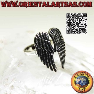 Silver ring with double high angel wings with embossed feathers (soldered)