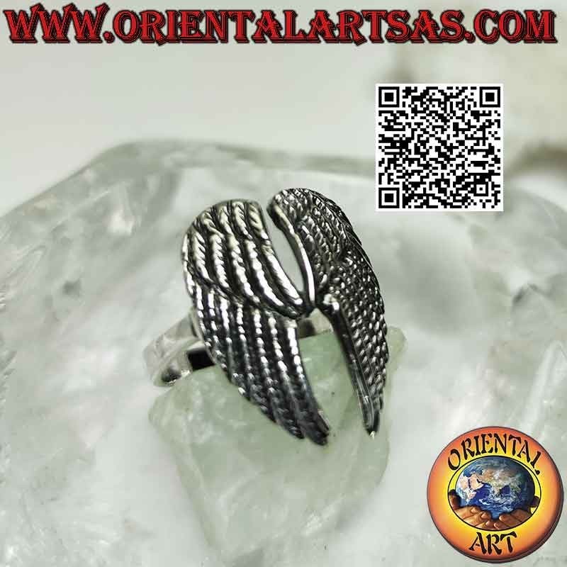 Silver ring with double high angel wings with embossed feathers (soldered)