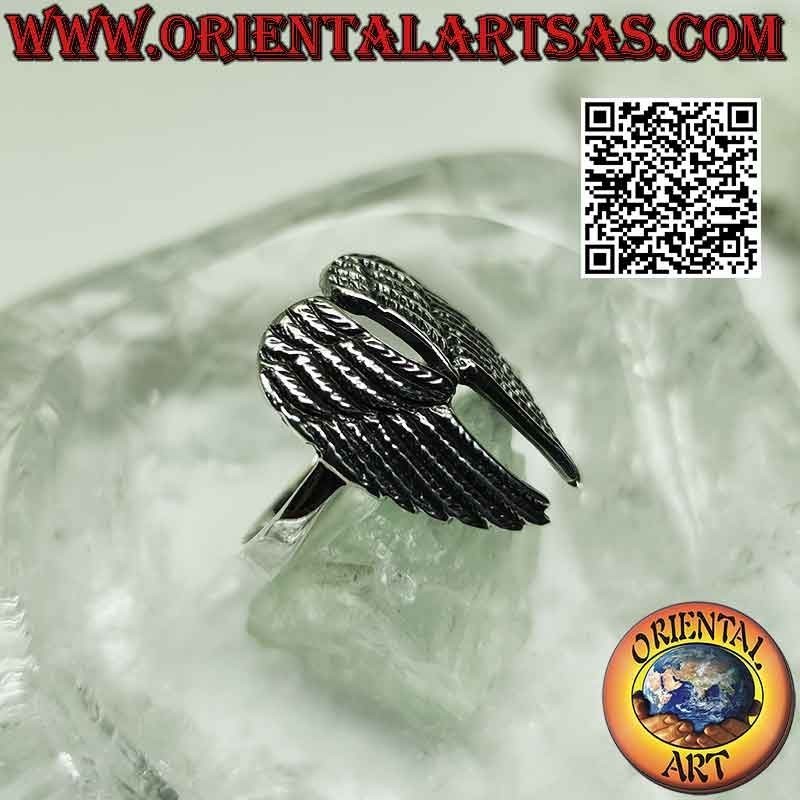 Bague en argent avec double ailes d'ange hautes avec plumes en relief (soudées)