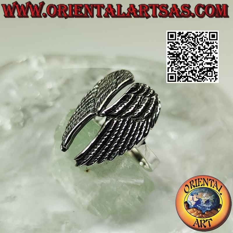 Bague en argent avec double ailes d'ange hautes avec plumes en relief (soudées)