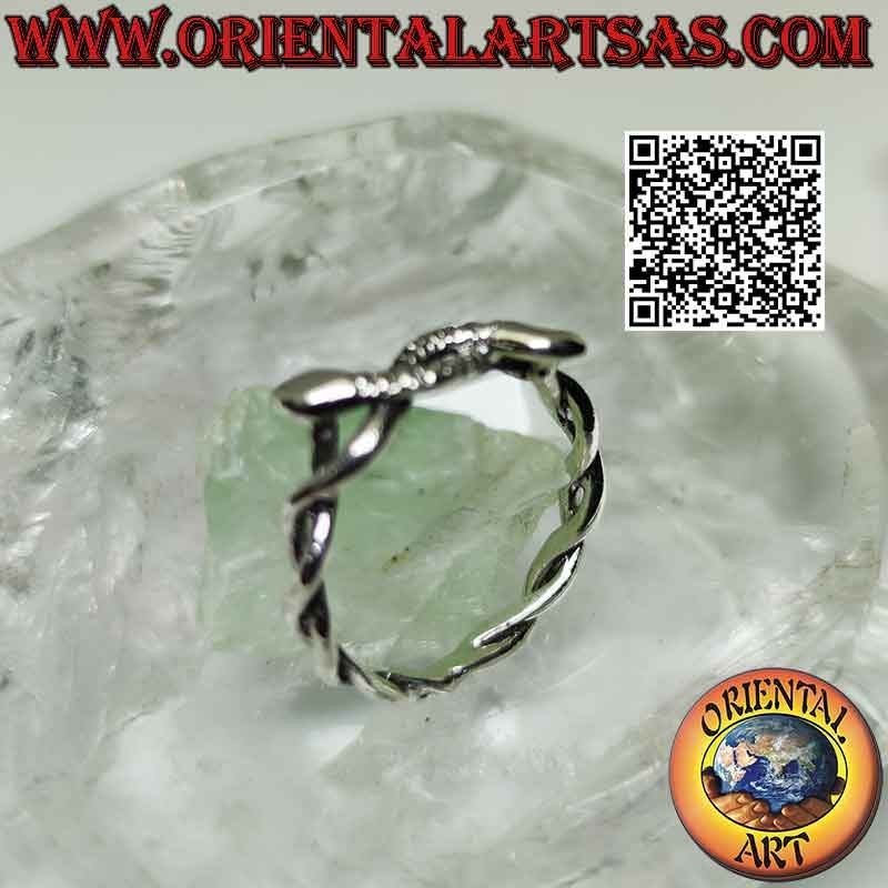 Silver band ring with two snakes knotted together in opposite directions