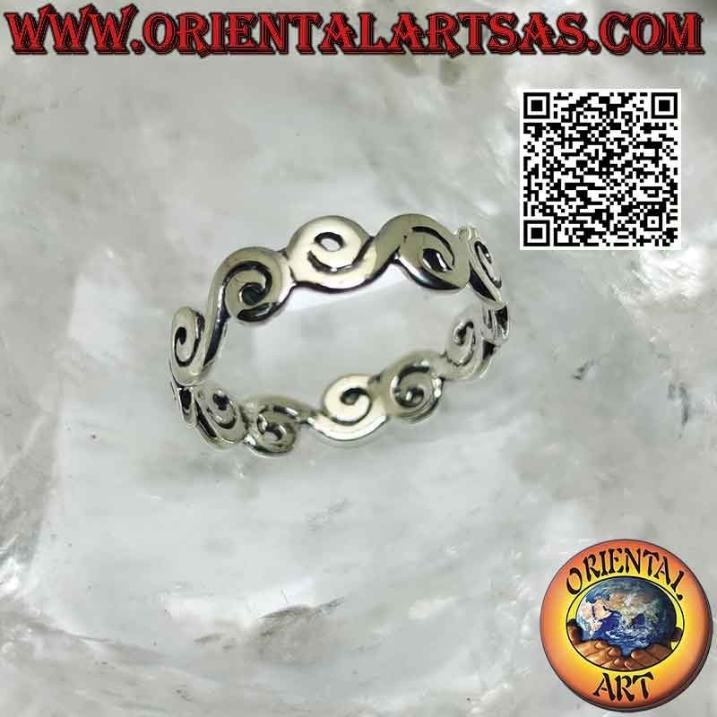 Bague en argent à bande grecque lisse avec terminaisons en spirale