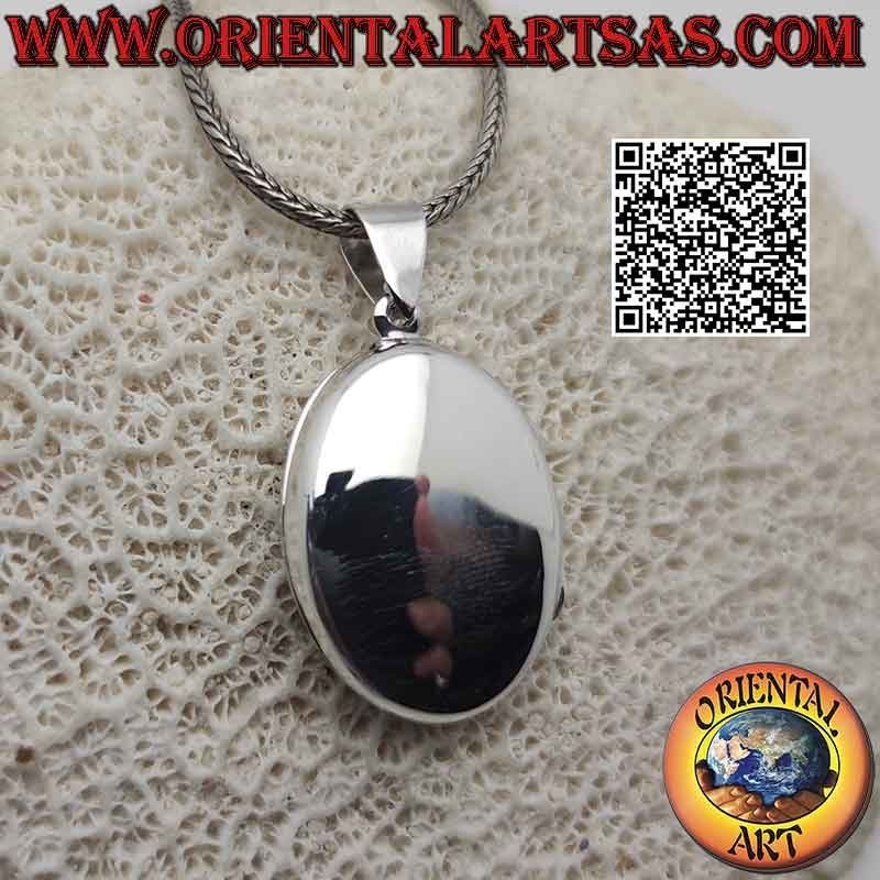 Pendentif cadre photo argent plat ovale lisse avec gravure florale arbuste (25x20)