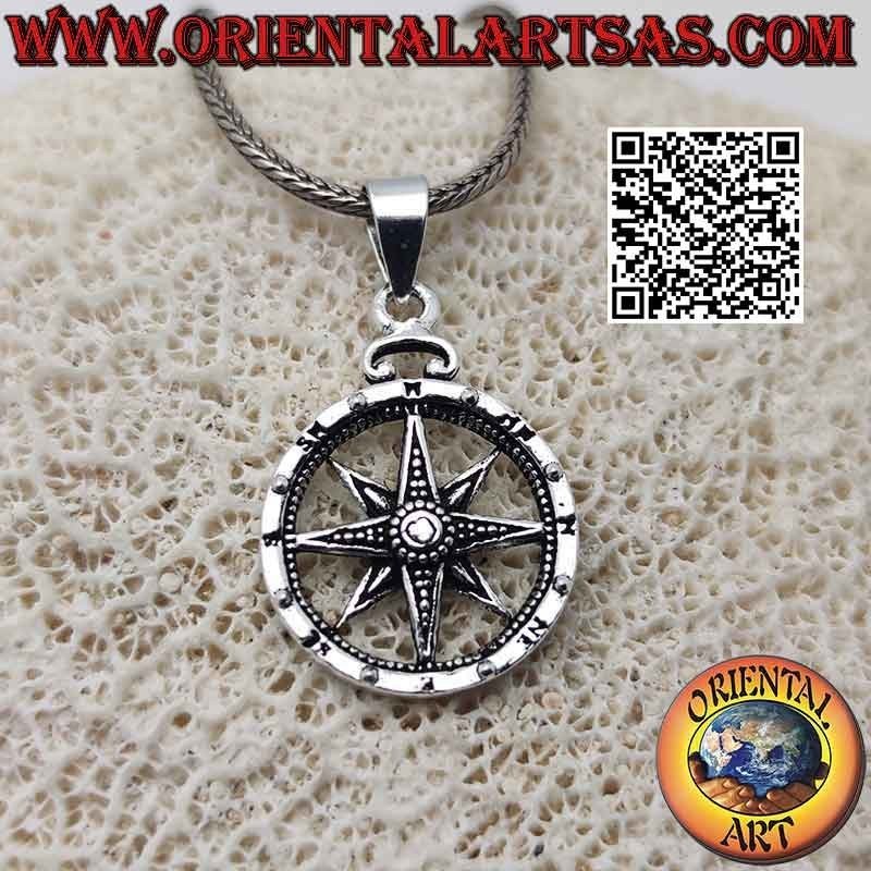 Wind rose (compass) silver pendant with double level engravings
